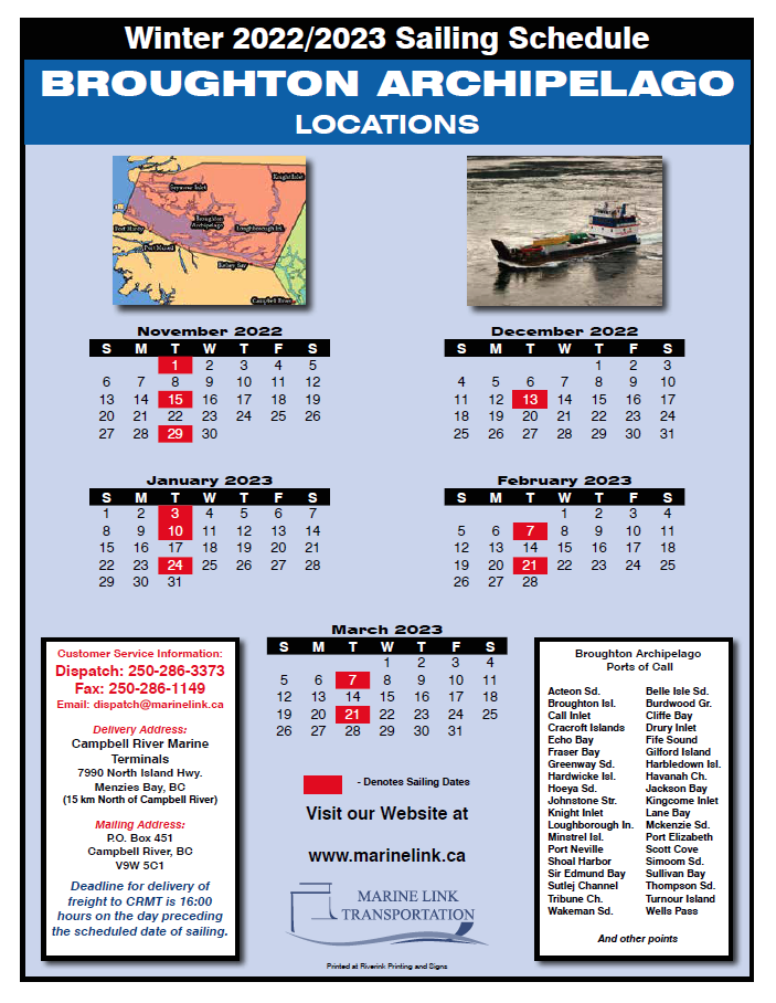 Marine Link Schedule - Winter 22.23 - BROUGHTON