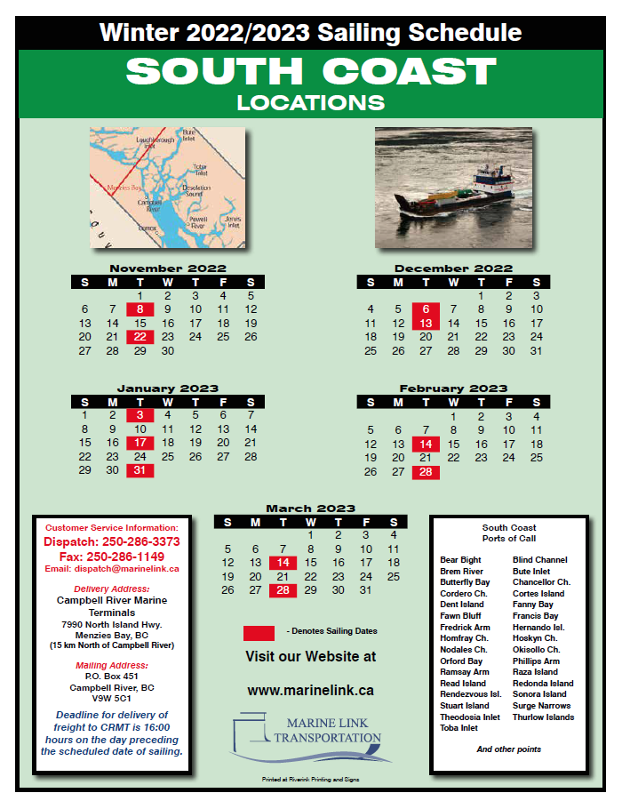 Marine Link Schedule - Winter 22.23 - SOUTH COAST
