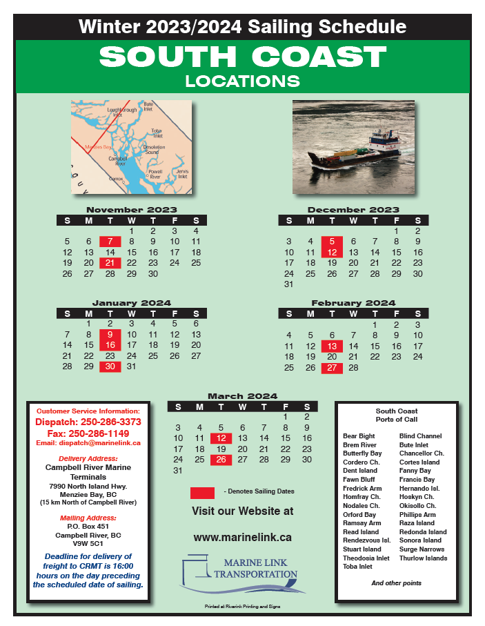 Marine Link Schedule - Winter 23.24 SOUTH COAST