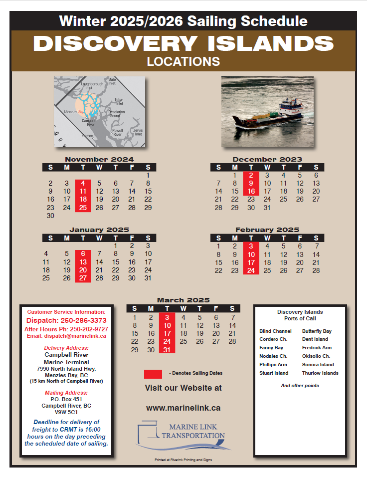 MLT Sailing Schedule - WS 2026 - DISCOVERY ISLANDS