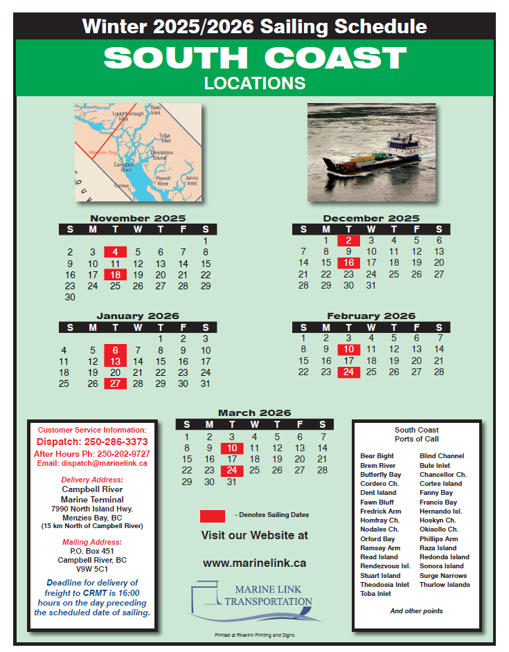MLT Sailing Schedule - WS 2026 - SOUTH COAST